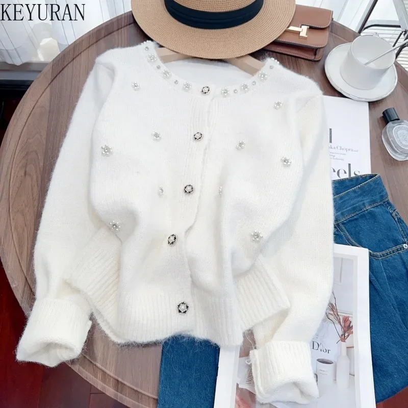 Diamonds Peals Beading Sweater Jacket Women Autumn Winter New Korean Fashion O-Neck Long Sleeve Single Breasted Knitted Cardigan