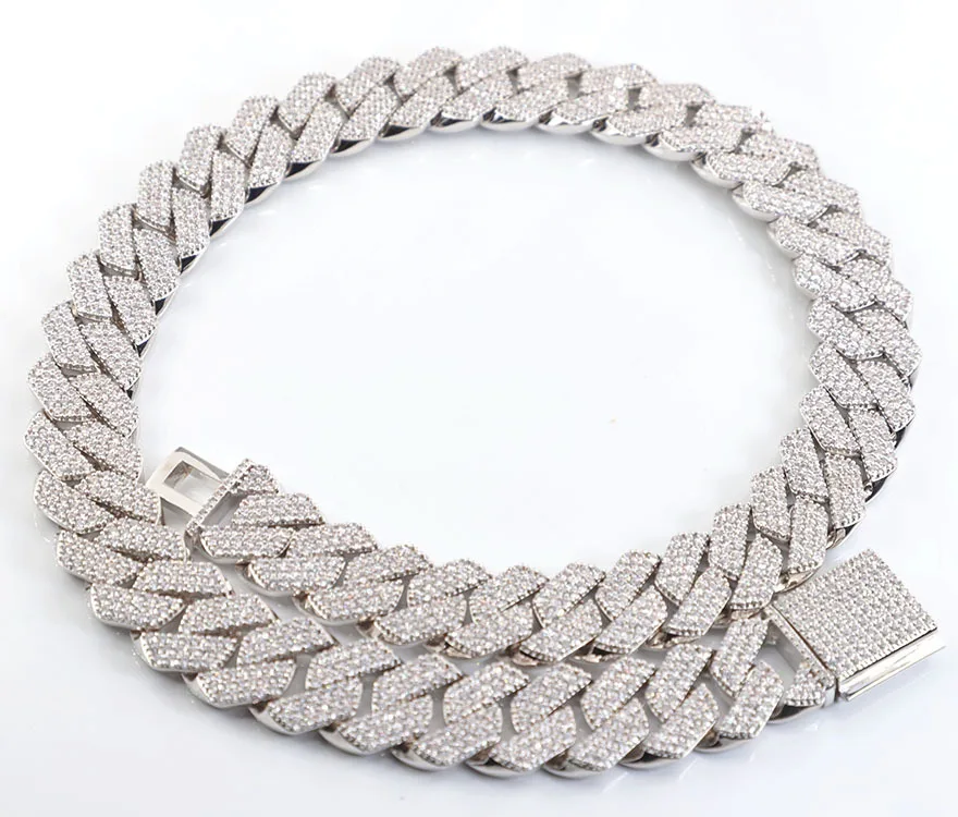 Fashion Design 15mm 18mm Wide 3rows Moissanite Diamond Silver Cuban Link Necklace/bracelet Chain for Rapper Hiphop Jewelry