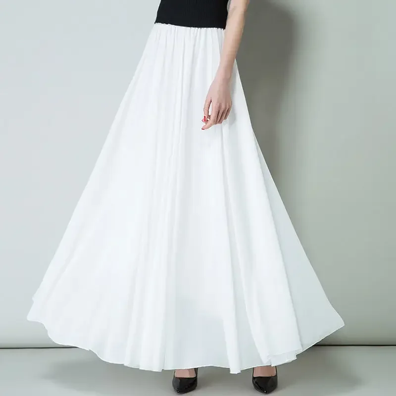 New Summer Chiffon Skirts Plus Size Full-Length Skirt High Waist Elegant Dance Skirt Pink Black Red Royal Blue White Long Skirts