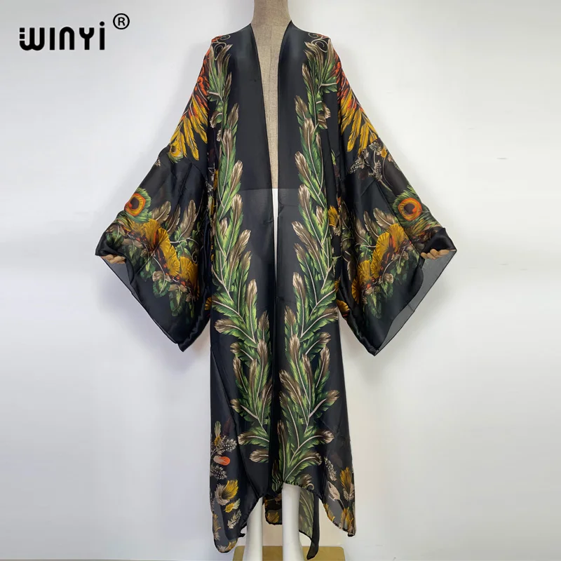 WINYI 2022 Boho Printed Long Kimono Dress Bikini Wrap Silky Cover-ups Women Summer Clothes Beach Wear Swim Suit Cover Up kaftan