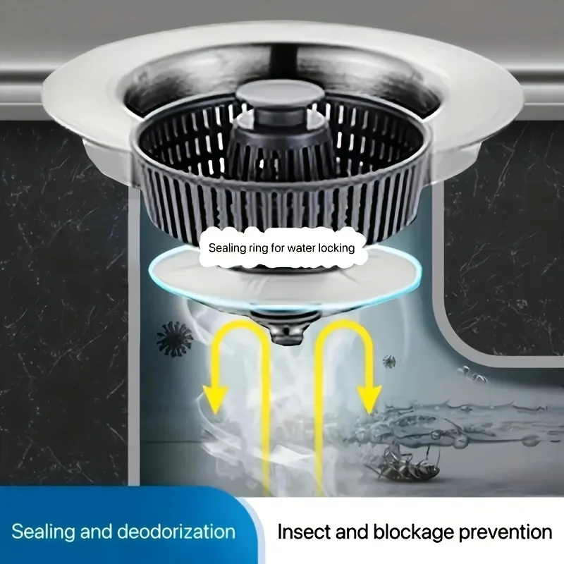 3 in 1 Pop Up ABS Silver Plated Sink Kitchen Filter Sink Strainer Drain Basket Stopping Blockage Bouncing Core Leak-proof Plug