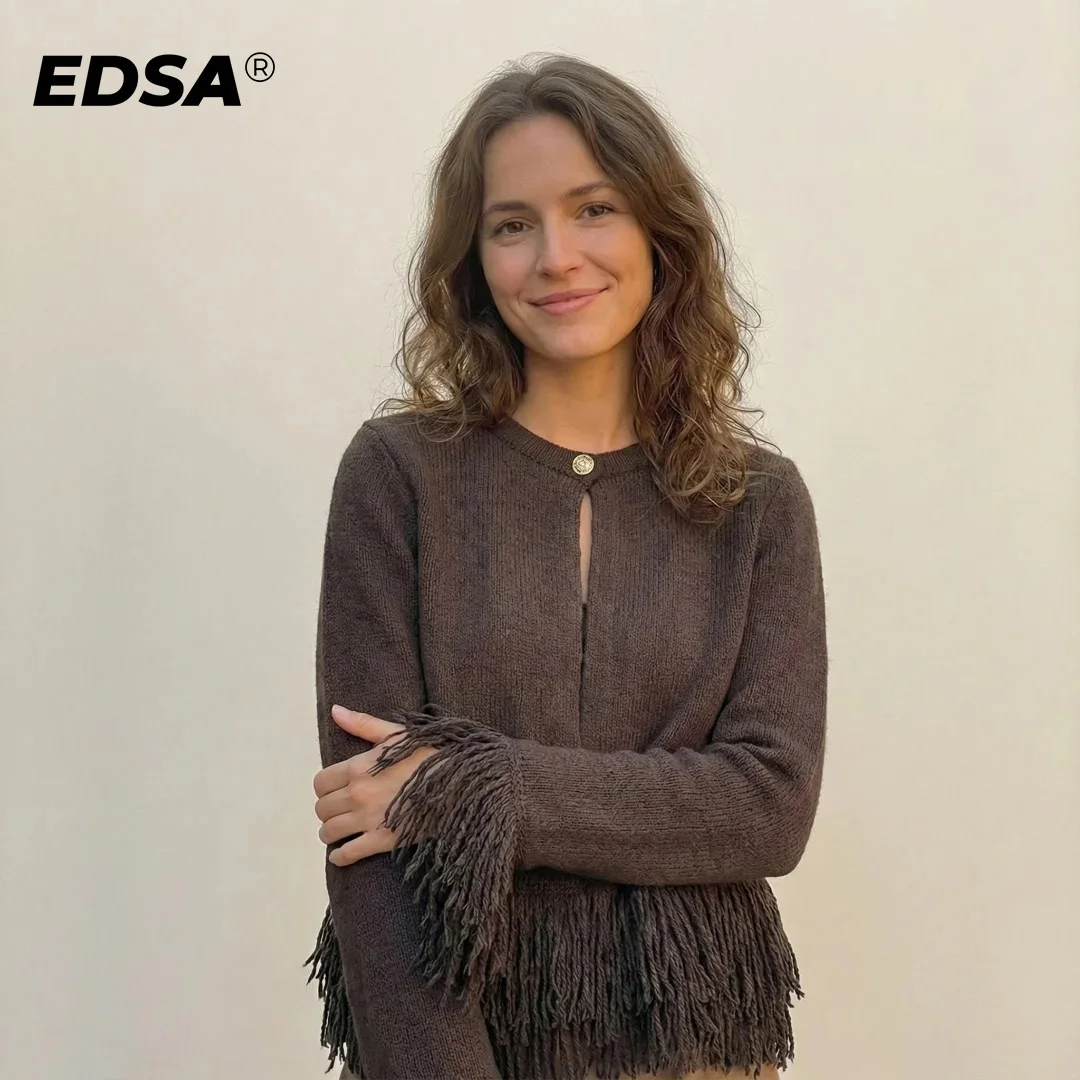 EDSA Cardigan tricoté à franges pour femme avec bouton unique, manches longues, col rond, point ouvert, pull