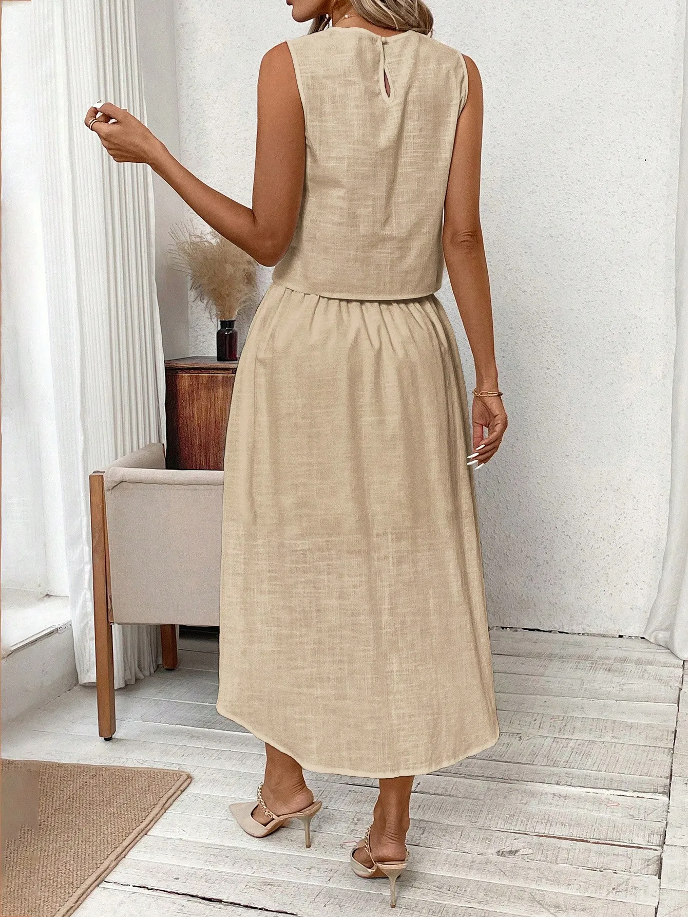 2024 new Europe and the United States cross-border linen suit breathable sleeveless round collar vest ➕ half skirt two-piece set