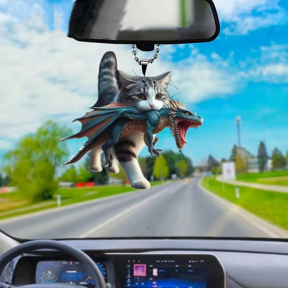 Acrylic  Cat Car Pendant Animal Cat Dinosaur Shaped Rearview Mirror Hanging Ornament Keychain Backpack Car Interior Accessories