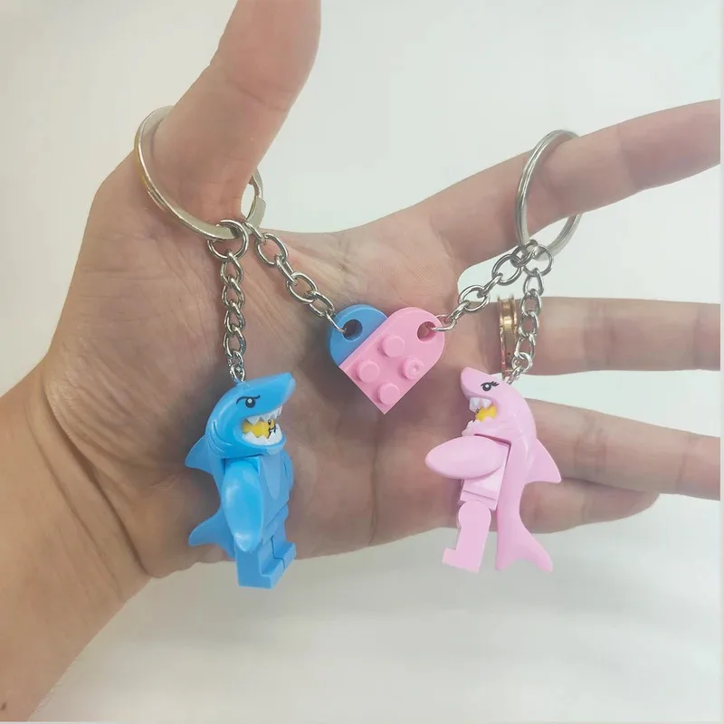 Cute Shark Building Block Couple Keychains with Heart Pendants
