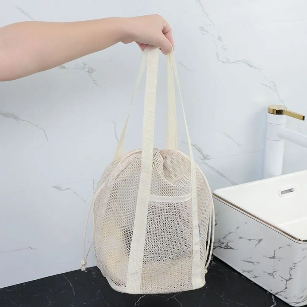 Drawstring Mesh Shower Bag Hand-held Collapsible Beach Tote Bag Handbag Large Capacity Cosmetic Organizer Case Camping