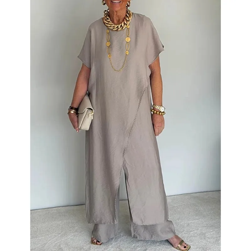 Loose Irregular 2 Piece Set for Women Short Sleeve Round Neck Long Top + Wide Leg Pants Casual Outdoor Commuting Versatile Suit