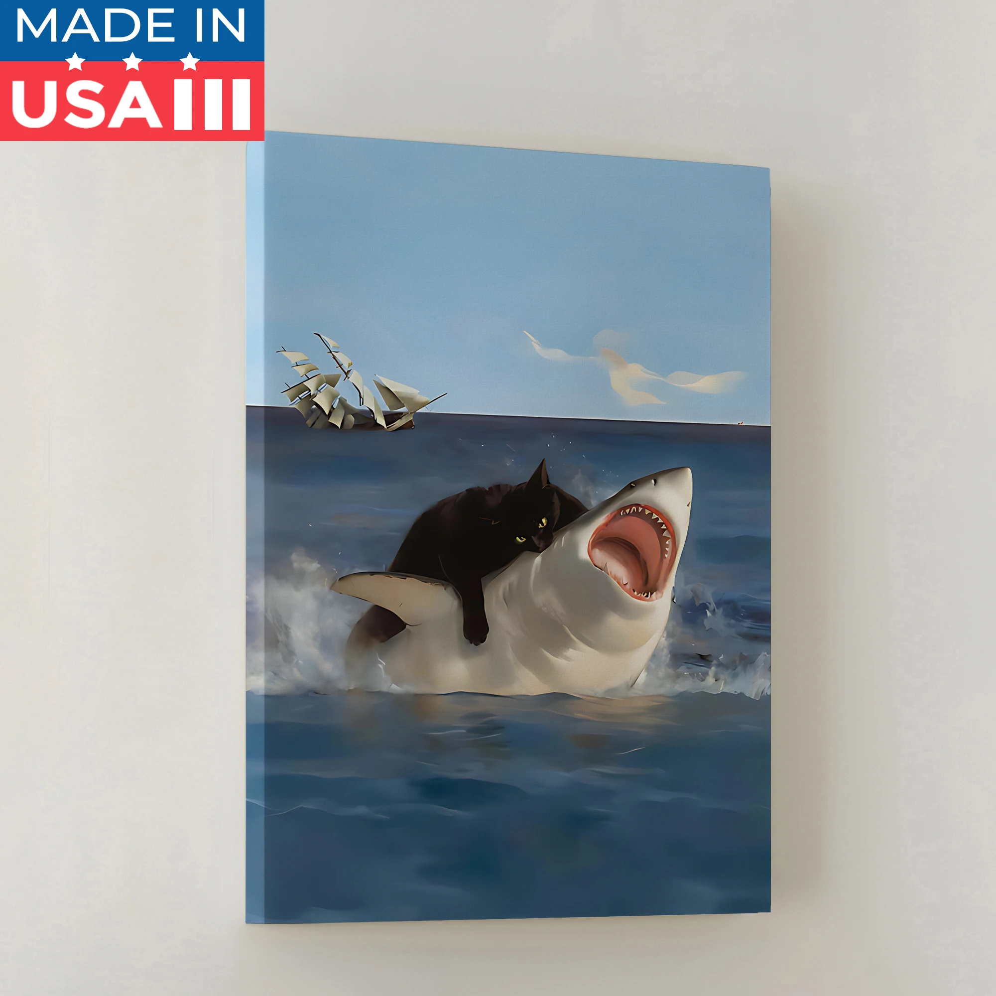 مضحك الدهون القط مقابل القرش عصر النهضة ملتوي القط الأسود جدار الفن يطبع قماش اللوحة المشارك صورة لغرفة المعيشة ديكور المنزل