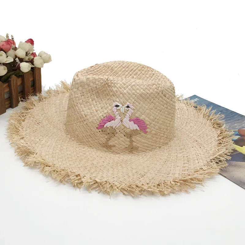 

Natural Raffia Straw Wide Brim Straw Hat Sun Protection Broad-brimmed Hat Spring And Summer Cartoon Handmade Embroidery