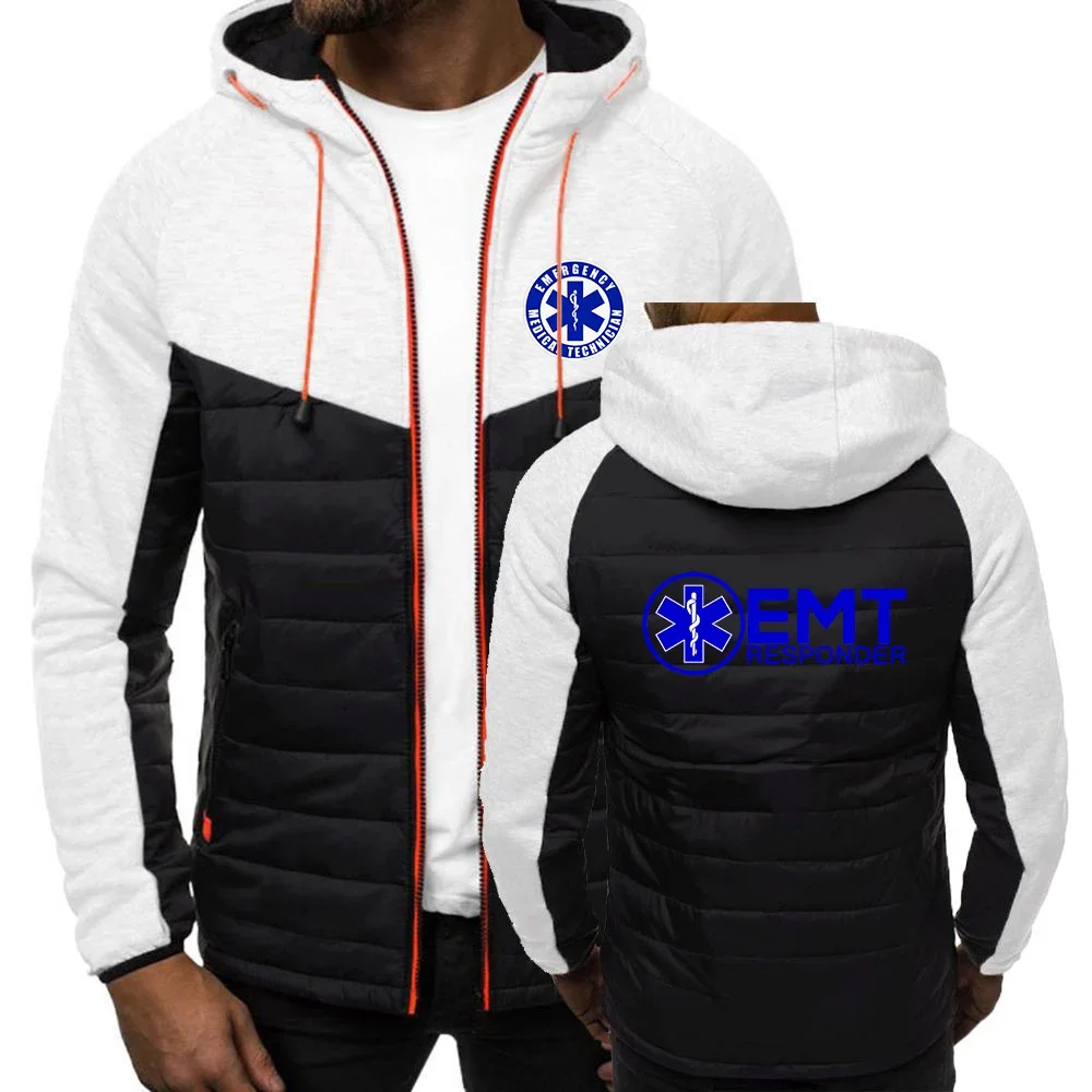 EMT Paramedic Emergency Medical 2024 Winter Long Parkas Men Cotton Padded Clothing Fashion Casual Slim Warm Coats Hooded Tops