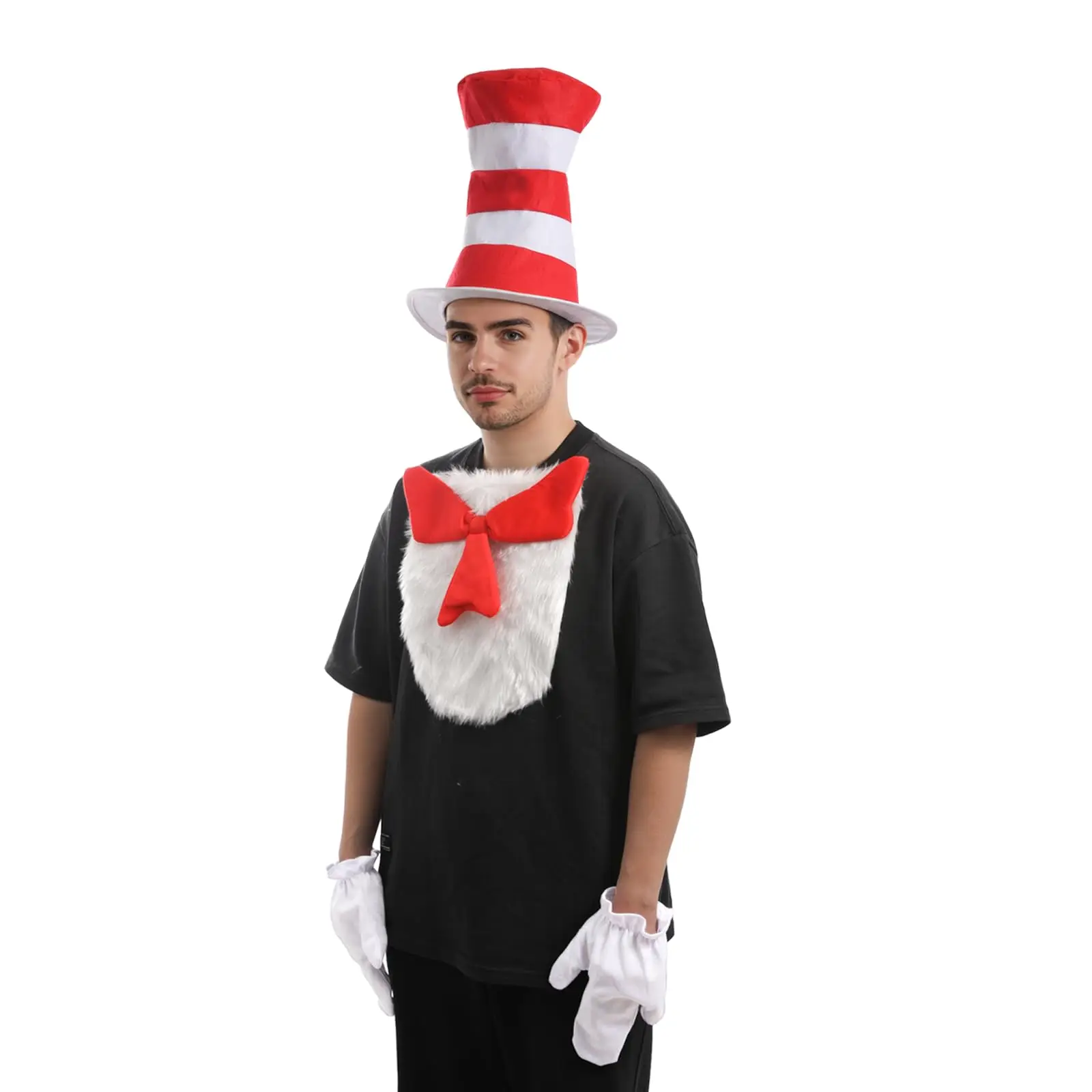 ชุดหมวกแมวสำหรับผู้ใหญ่ หมวกทรงสูงลายทางสีแดงขาว พร้อมโบว์ผูกคอขนฟูและถุงมือ สำหรับวันโลกแห่งหนังสือ ปาร์ตี้ฮาโลวีน และงานแต่งกายแฟนซี