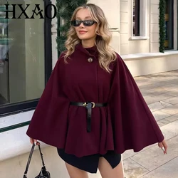 HXAO 2025 Women's Jacket Cloak Tweed Jacket Women Wool & Blends Coats Bat Long Sleeve Coats Burgundy Brown Black Cape Outerwears
