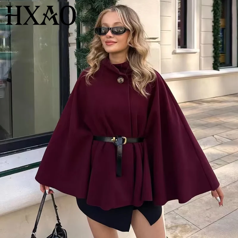 HXAO 2025 Women's Jacket Cloak Tweed Jacket Women Wool & Blends Coats Bat Long Sleeve Coats Burgundy Brown Black Cape Outerwears