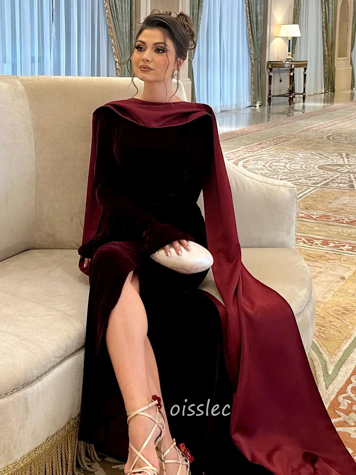 Oisslec Burgundy Velvet Prom Dress Backless Pearls Cocktail Party Mermaid Elegant Special Occasion Gown Maxi Dress Saudi Arabia