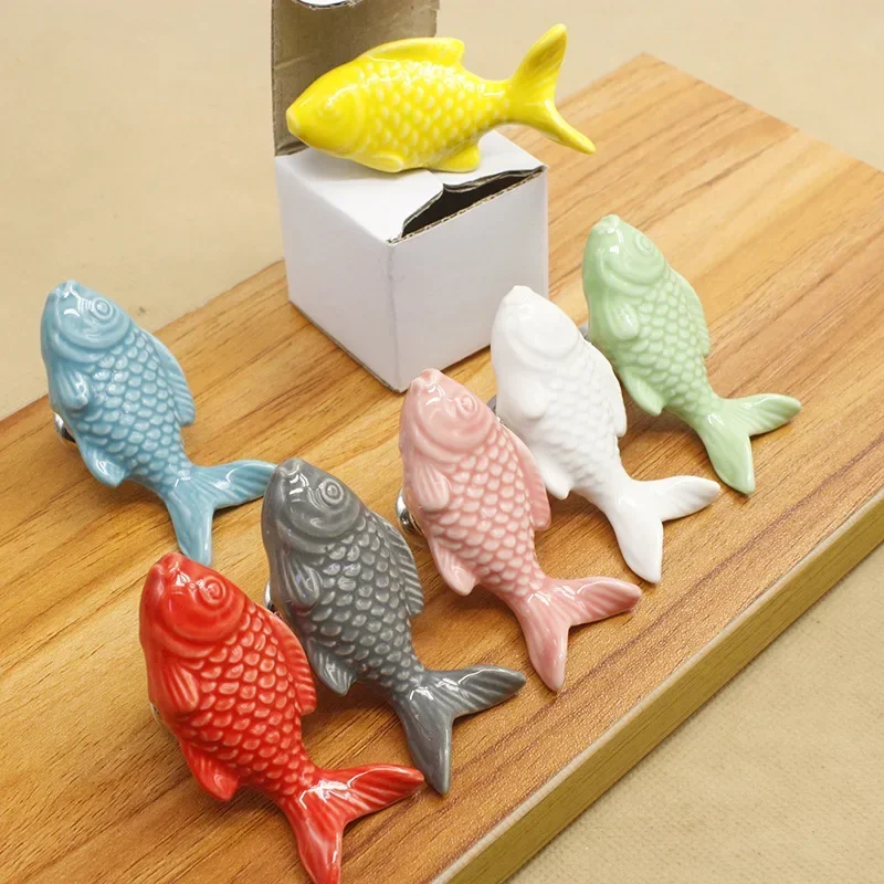 Hardware Factory Cartoon Color Single Hole Ceramic Handle Grass Carp Bookcase Drawer Cabinet Handle Fish Cute Children Room