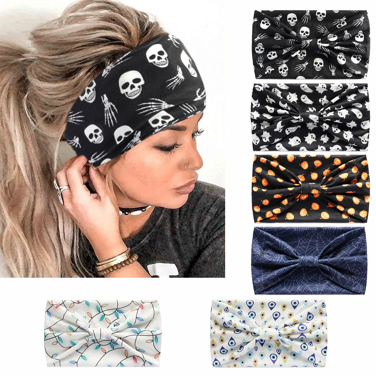 Halloween Headband for Women Wide Yoga Sports Headband Pumpkin Skull Ghost Christmas Holiday Hair Band