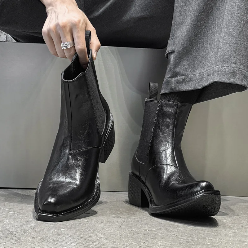 أحذية تشيلسي عالية الحجم للرجال على الموضة من Punk Rock باللون الأسود والبني سهلة الارتداء أحذية رعاة البقر الأصلية من الجلد مصممة للكاحل