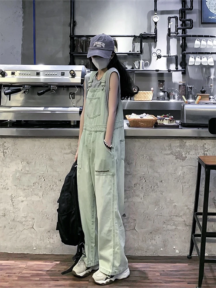 Monos vaqueros verdes de invierno para mujer, ropa de calle Y2k, pantalones vaqueros holgados con bolsillo, peto recto, peleles Vaqueros, pantalones coreanos para mujer