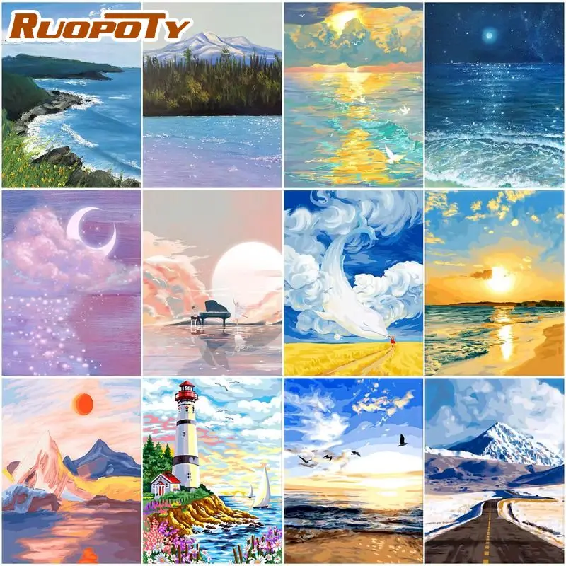 

RUOPOTY Acrylic Paint By Number Colorful Sea Scenery Handpainted Painting By Number Artistic Painting Artwork