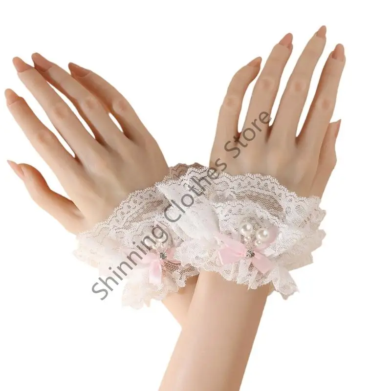 M68A Elegante Spitzen-Armstulpen mit Perlen-Bowknoten-Dekoren, Handgelenksmanschetten-Ärmel für Frauen, Teenager, tägliches und