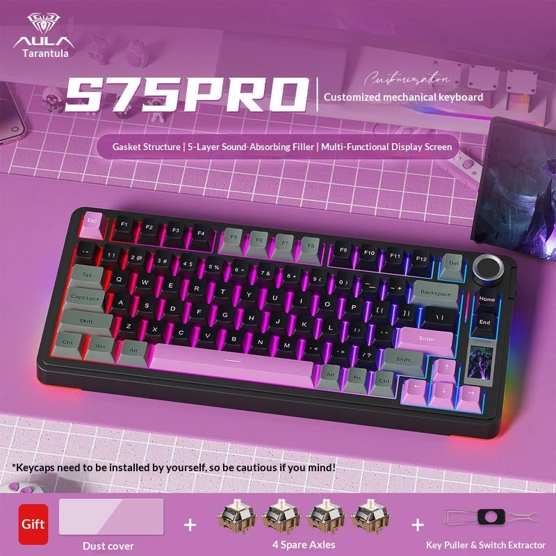 AULA S75 Pro Mechanical Keyboard Custom Tri Mode Wireless Bluetooth Hot Swappable Rgb Backlit Gasket Structure Gaming Office