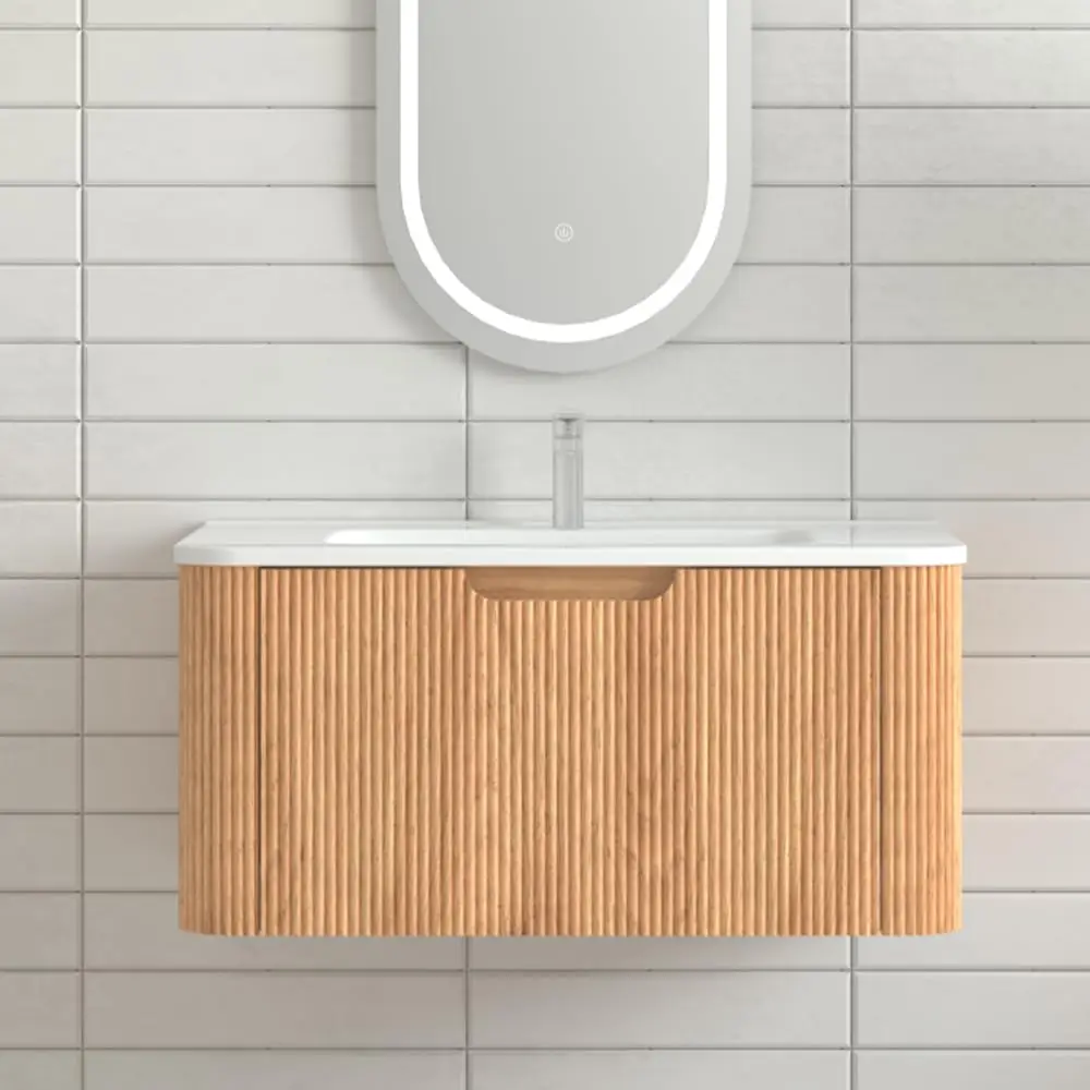 

30in Floating Bathroom Vanity Wall Mounted Oak & Plywood Curved Stripes Integrated Ceramic Sink Natural Wood Customized