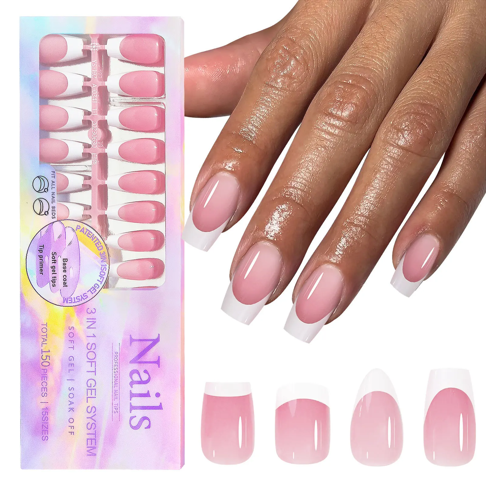 150PCS French tip press on nails short almond  Fake Nail Patch Removable Wear Reusable Full Cover Nail Patch long coffin