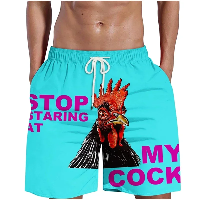 Calças de praia masculinas com cabeças de frango estampadas, calças de animais com estampa de frango 3D e trajes de banho casuais para havaianos