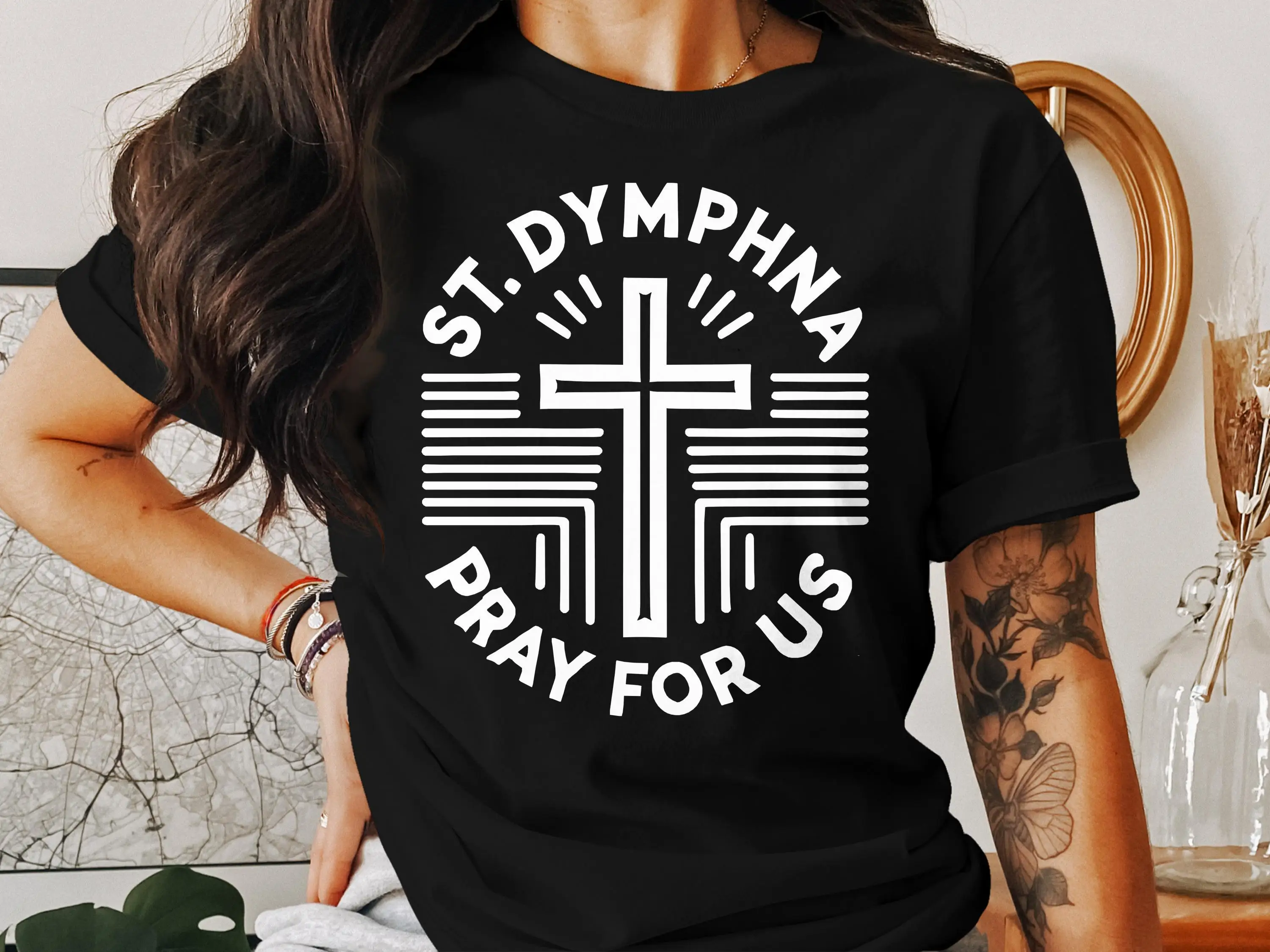 

Футболка St Dymphna Pray For Us с крестообразным дизайном SweaT, религиозная одежда, католическая вера