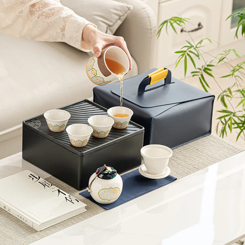 Outdoor Travel Tea Set Home One Pot Four Cups Portable Storage Bag Ceramic Quick Cup Brewing Teapot Tea Cups