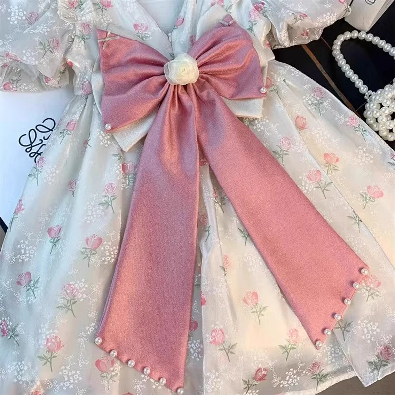 

Summer New Full Print Flowers Puff Sleeve Bow Mesh DresseTutu Birthday Party Gown 2 3 4 5 6 8 Years Girls Princess Dress
