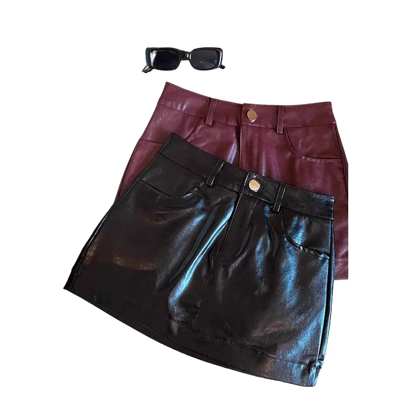 Gonne in pelle PU da donna Autunno Inverno Plus Size Minigonna in pelle PU retrò a vita alta Gonna aderente Y2K sexy dimagrante