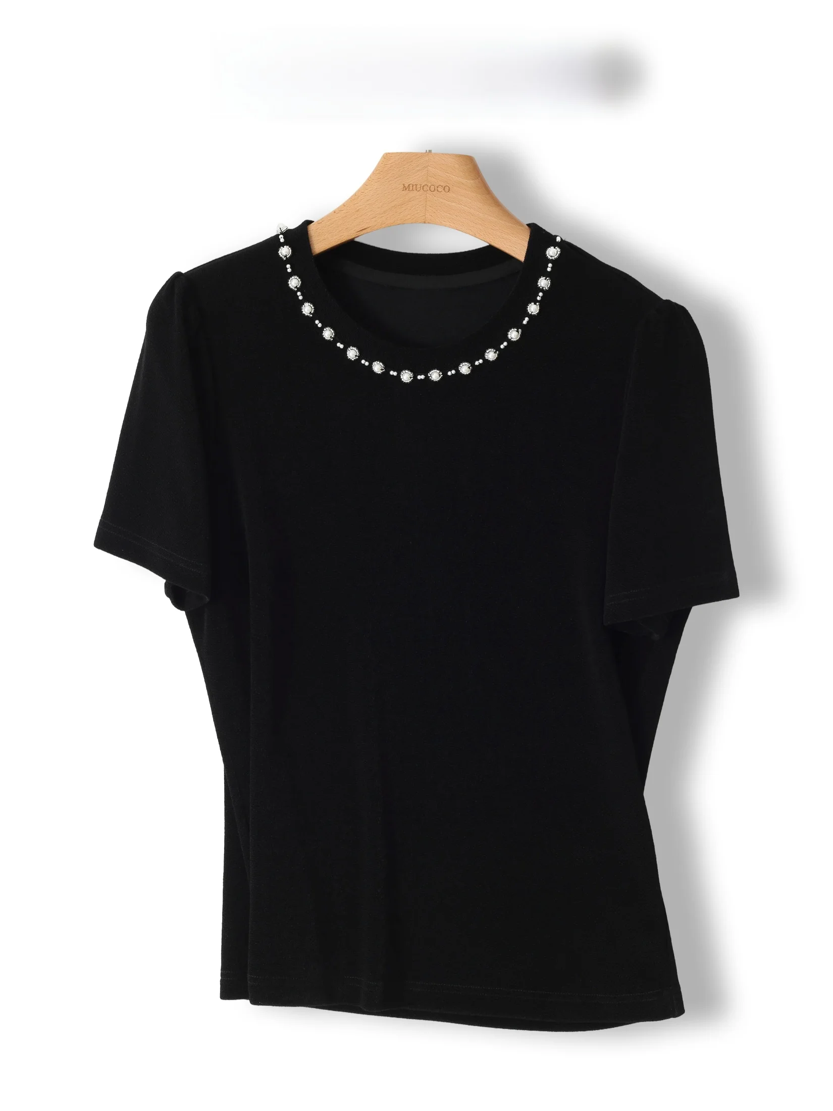 

High Quality Embellished Short Sleeve T-Shirt Women's Summer Slim Fit Fashionable round Neck Top Breathable Skin-Friendly