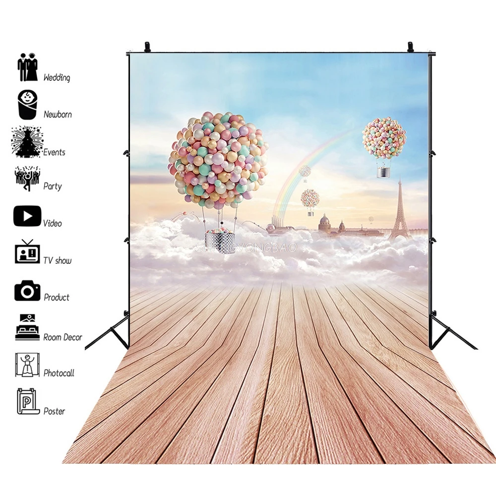 Wedding Dream Sky Colorful Hot Air Balloons Birthday Party Photography Backdrops Eiffel Tower Wooden Floors Photo Background M38