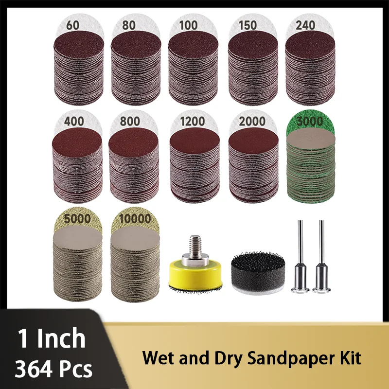 

1 Inch Sandpaper Kit 364 Pcs with Backing Pad Soft Interface Pad 60-10000 Grits Grinding Abrasive Sanding Disc for Wood Metal