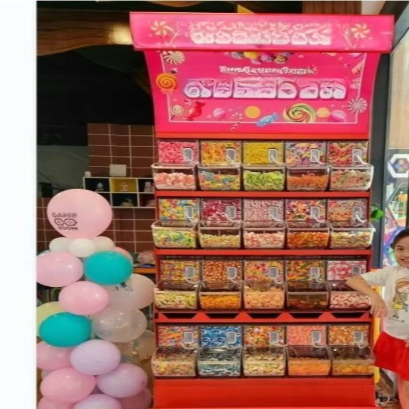 슈퍼마켓 픽앤믹스 벌크 캔디 식품 진열대 및 스쿱 빈이 있는 캔디 랙