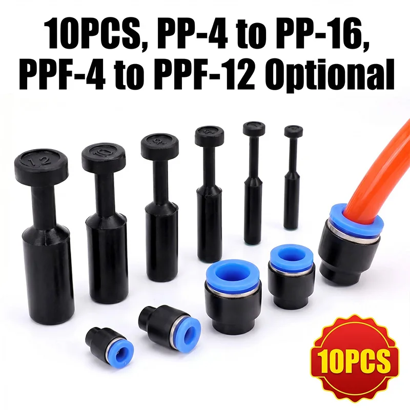 10 PEÇAS Conector Pneumático de Encaixe Rápido PP-4 6 8 10 12 14 16mm com Tampa PPF para Tubos de Ar e Água, Conexão Cega para Hidráulica