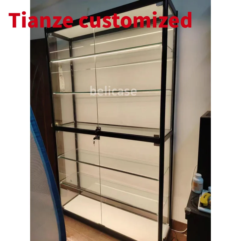 (Customized) fullglass display retail shop aluminum glass showcase with slide door lockable glass cabinet display c