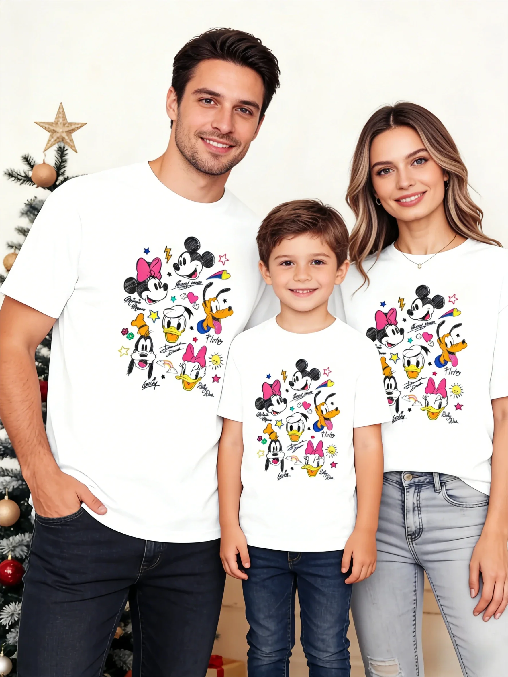2026 Summer Mickey Classic Character Hand-painted Style Print Loose Parent-child T-shirt Adult Children Oversized Top Y2k