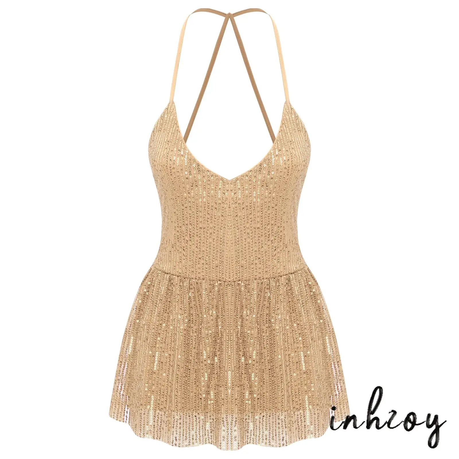 

Women Solid V-Neck Fashion Sequin Vest Cross Spaghetti Straps Backless Ruffle Hem Sparkle Cami Top For Party Leisure Clubwear