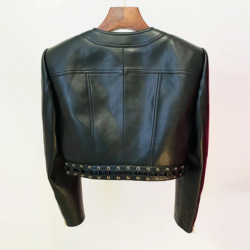 HKSH Spring Autumn New Women Short Jacket PU Leather O-neck Pockets Punk Chic Coat Niche Design Zipper Skirt Elegant Ins HK17176