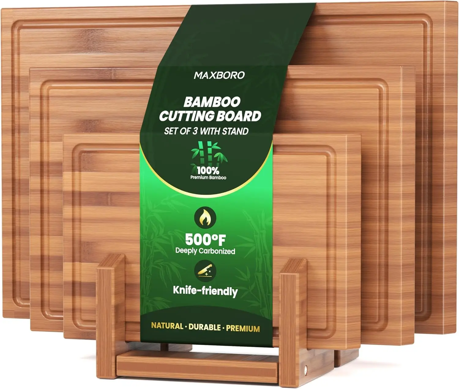 Bamboo Cutting Board Set with Stand, 3PCS Double-Sided Chopping Boards for Kitchen Meal Prep & Serving, Charcuterie