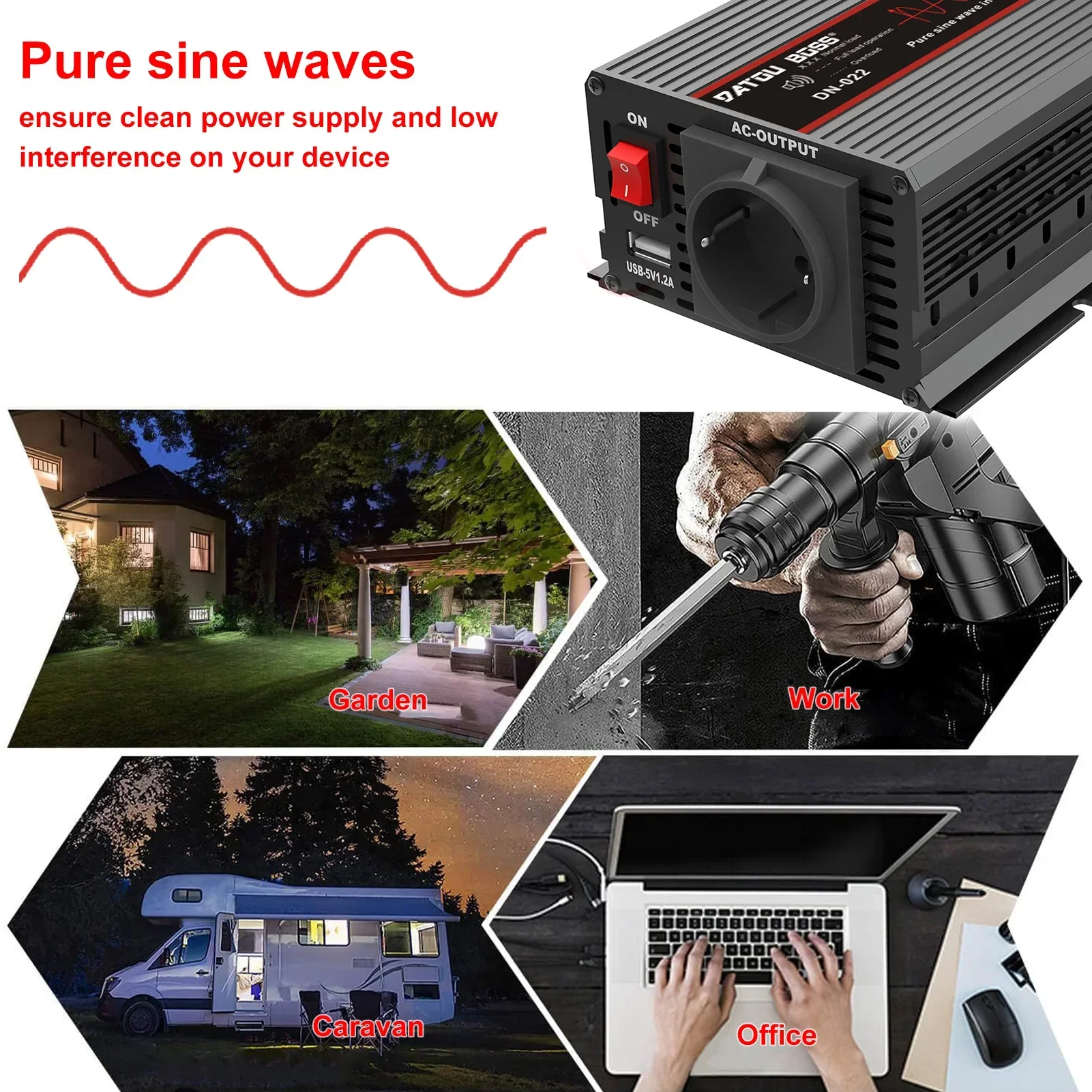 DATOUBOSS Pure Sine Wave Inverter Power Inverter 12V to 220V Pure Sine Inverter Continuous Power 1500W With USB 5V 2.1A Plug