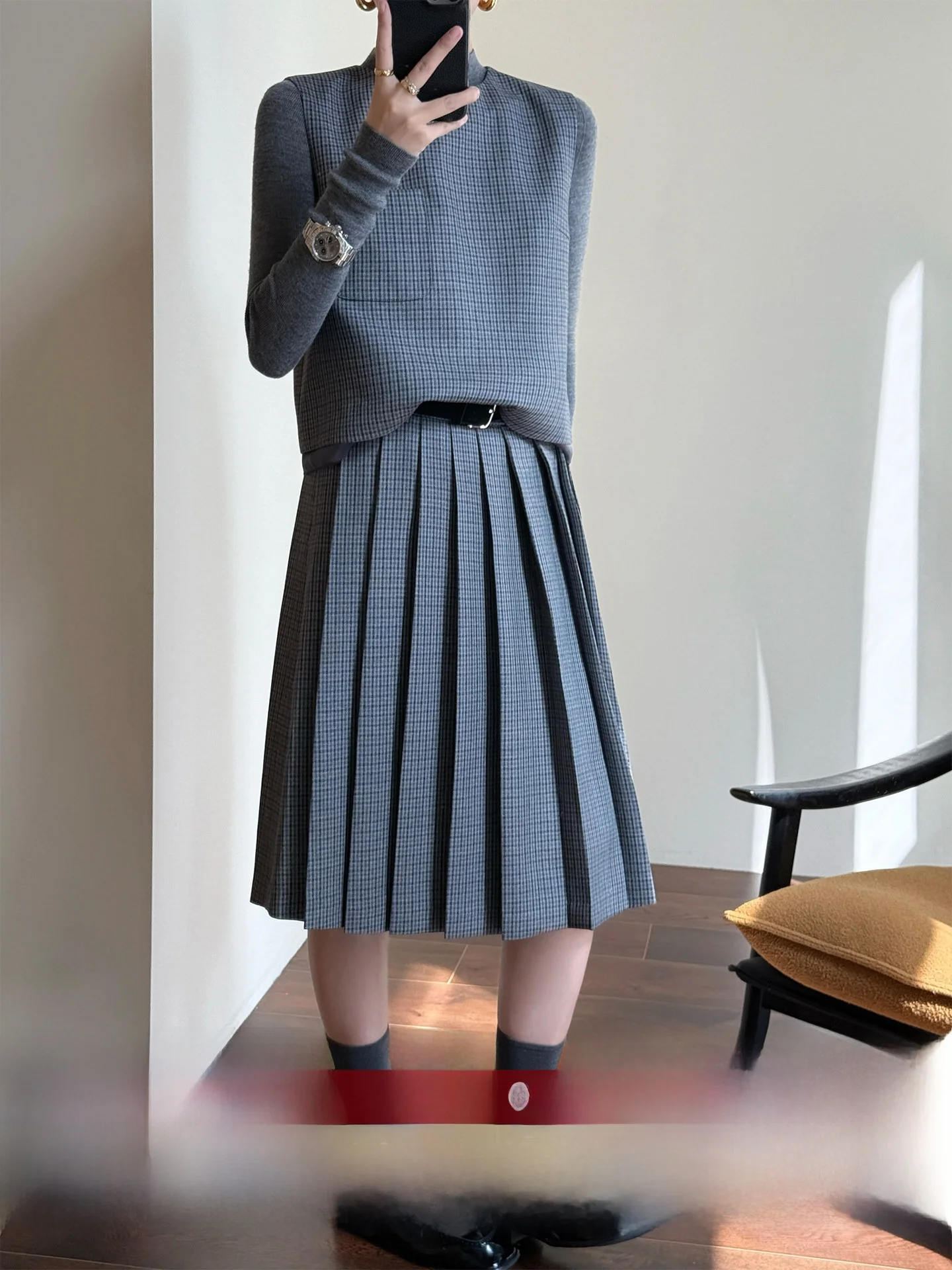 

Зимний модный комплект WANGER Fce: приталенная рубашка и юбка А-силуэта из твидового твида в клетку в университетском стиле, женский ансамбль