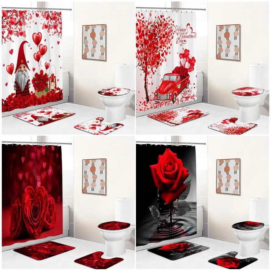 Red Rose Shower Curtain Set Natural Flowers Genie Truck Heart Leaves Tree Valentine's Day Bathroom Decor Bath Mats Toilet Cover