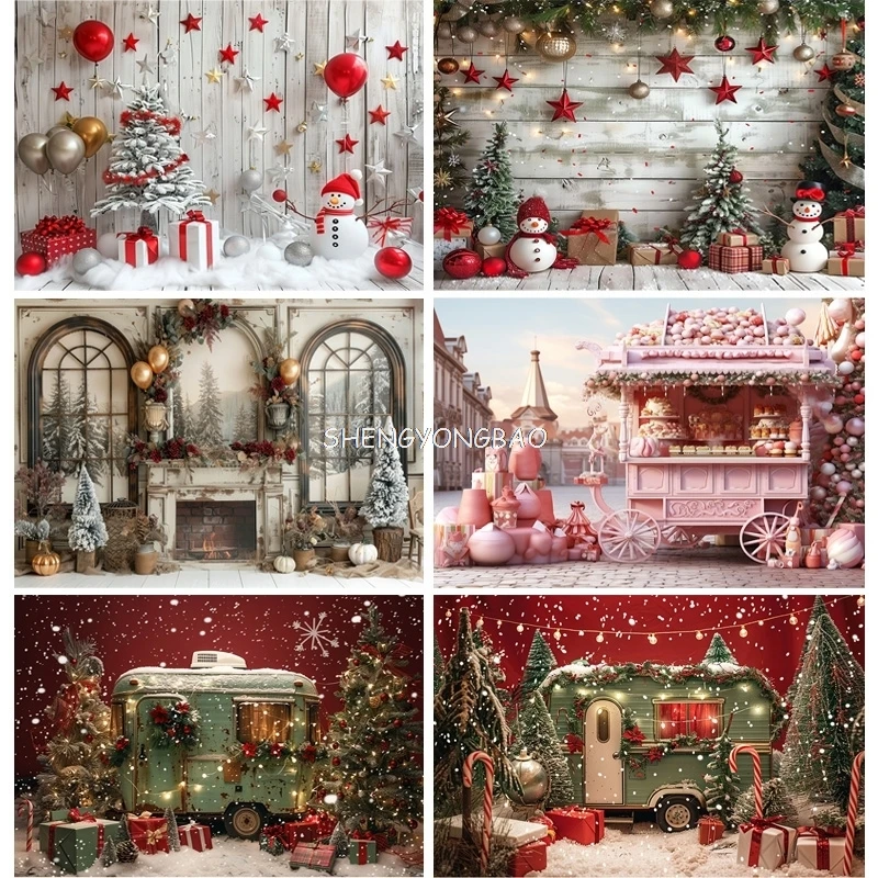 

Christmas Tree With Gift Boxes Photography Backdrops Winter Snow Decorations Wooden Door Fireplace Room Background Props WR-02