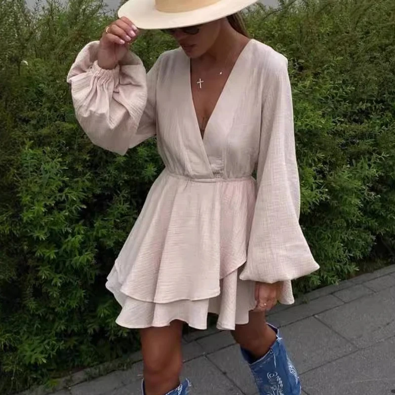 TARUXY Elegant Chiffon V-neck Ruffle Dress For Women High Waist Irregular Solid Color Short Dress Long Sleeve Party Female Dress