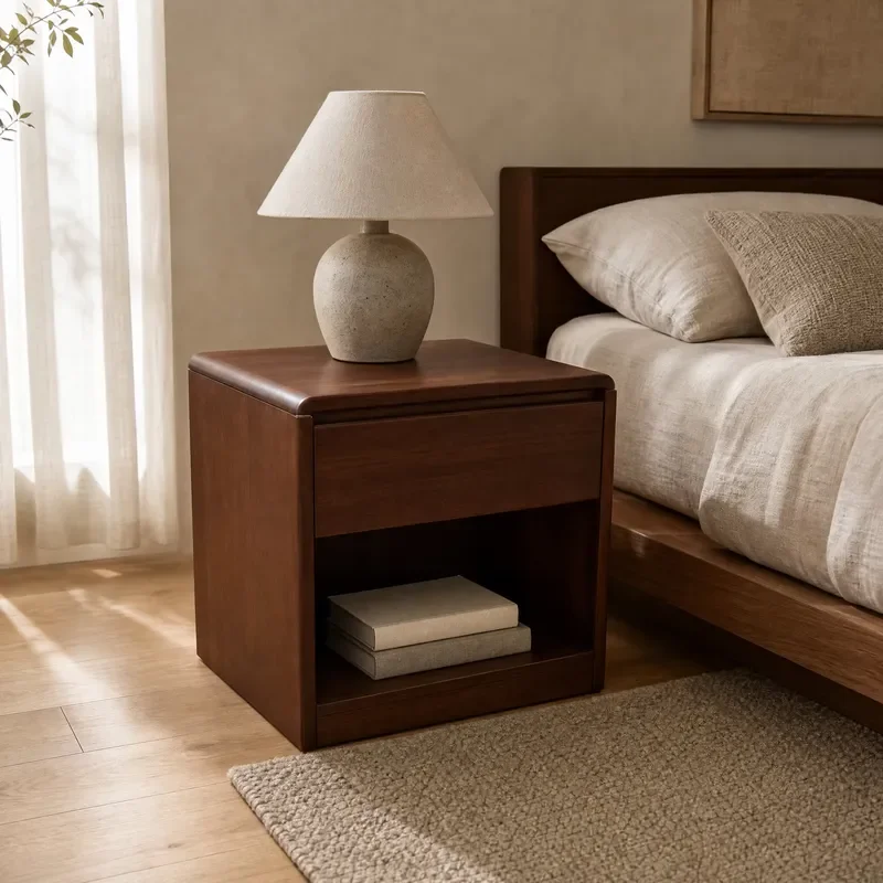Modern African Black Wood Nightstand Single Drawer Open Storage Bedside Table 500x450x450mm Space Saving Design for Hotel