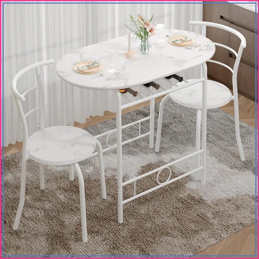 3-Piece Dining Table Set for Kitchen Nook, Faux Marble Oval Top, Metal Frame, Wine Rack, White