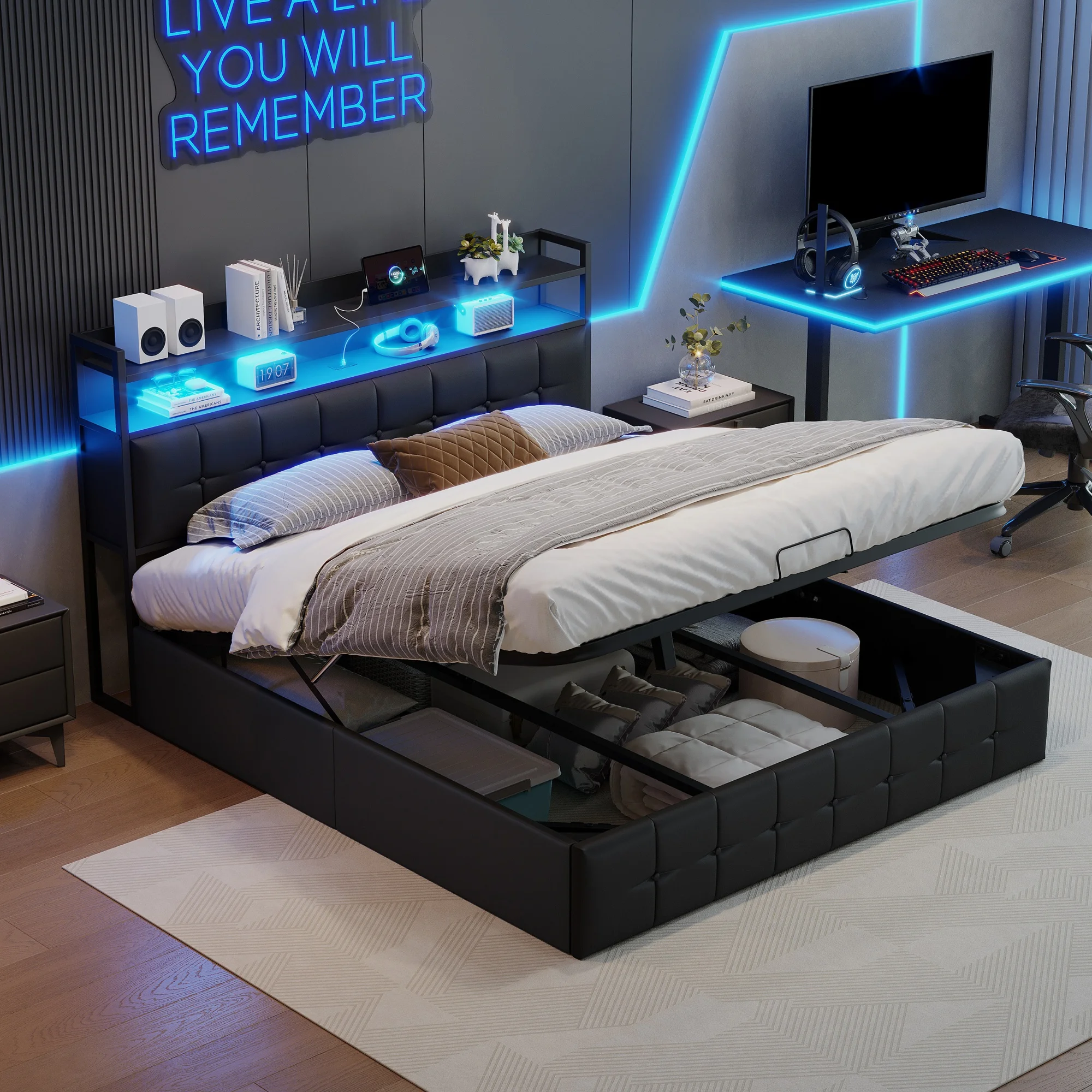 Rosahqnda Polsterbett Doppelbett 140/160x200cm mit LED- und USB-Ladefunktion, Bett mit Stauraum und Lattenrost aus PU-Leder